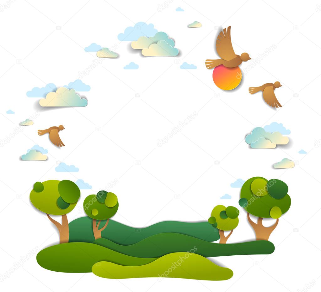 Scenic landscape of meadows and trees, cloudy sky with birds and