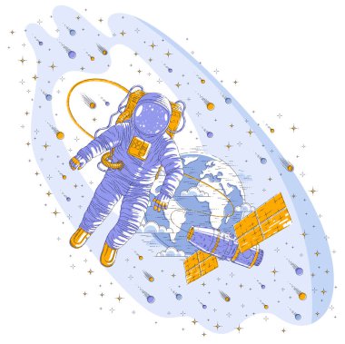 Açık alanda uçan astronot uzay istasyonu ve ea bağlı