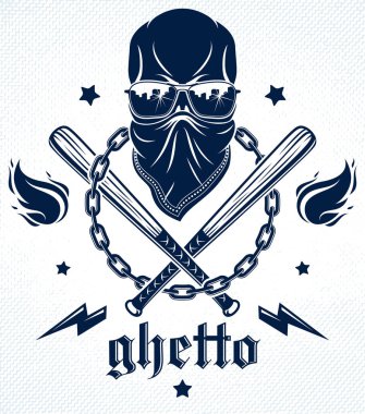 Gangster emblem logo or tattoo with aggressive skull baseball ba clipart