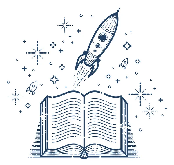 Open boek met lanceerraket vector lineair icoon, raketster — Stockvector