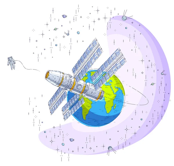 宇宙ステーションの軌道飛行宇宙船スパ地球の周りを飛んでいます。 — ストックベクタ