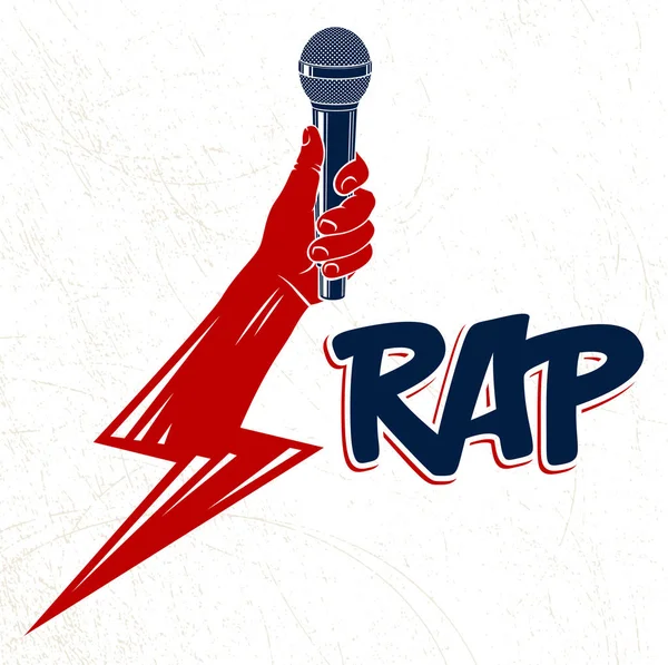 Логотип вектора рэп музыки или эмблема с микрофоном в руке в ша — стоковый вектор