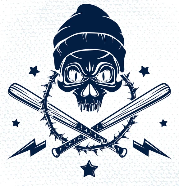 Brutalne gangster godło lub logo z agresywnym czaszki baseball ba — Wektor stockowy