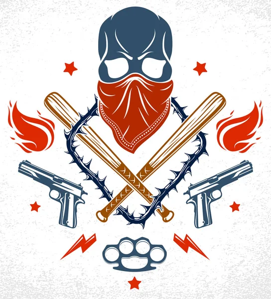 Gangster amblem logo veya dövme ile agresif kafatası beyzbol ba — Stok Vektör