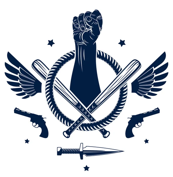 Anarchie und Chaos aggressives Emblem oder Logo mit stark geballter Faust — Stockvektor