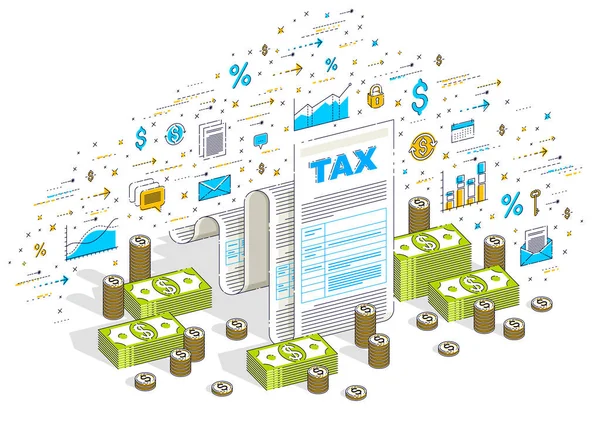 課税コンセプト、税務フォームまたは現金月を含む紙の法的文書 — ストックベクタ