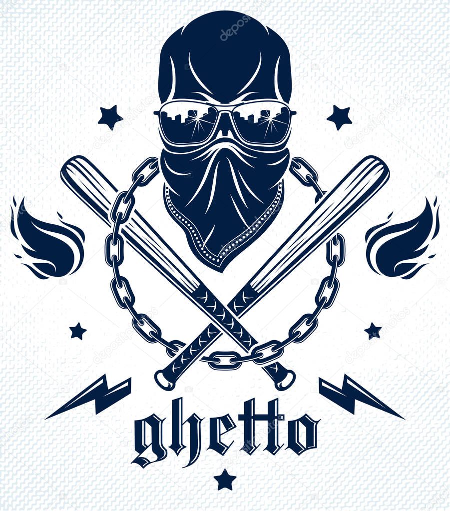Gangster emblem logo or tattoo with aggressive skull baseball bats and other weapons and design elements, vector, criminal ghetto vintage style, gangster anarchy or mafia theme.