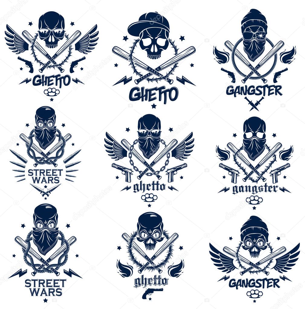 Criminal tattoo ,gang emblem or logo with aggressive skull baseball bats and other weapons and design elements, vector set, bandit ghetto vintage style, gangster anarchy or mafia theme.