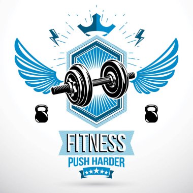 Disk ağırlığı dambıl ve çaydanlık çanları spor ekipmanlarıyla oluşturulmuş vektör kanatlı grafik işareti. Halter spor salonu ve fitness kulübü için spor amblemi