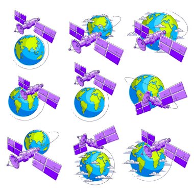 İletişim uydu, dünya çevresinde yörünge uzay uçuşu uçan uzay istasyonu güneş panelleri ile uzay ve uydu anten plaka. İnce çizgi 3d vektör çizimler izole ayarla.