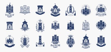 Castles logos big vector set, vintage heraldic fortresses emblems collection, classic style heraldry design elements, ancient forts and citadels. clipart