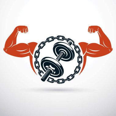 Atletik sporcu pazılarının halterli ve demir zincir ile çevrili kollarının vektör çizimi, gücün ve sağlıklı yaşam tarzının sembolü. Güç kaldırma.