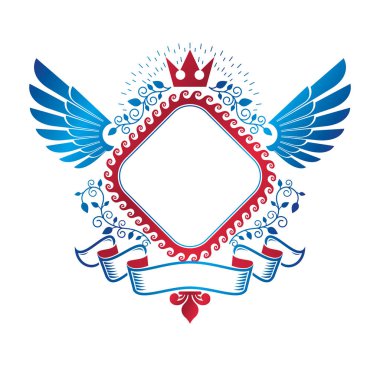 Grafik royal crown öğe, pentagonal yıldız ve lüks şerit ile oluşan amblemi kanatlı. Hanedan arması izole dekoratif logo vektör çizim.