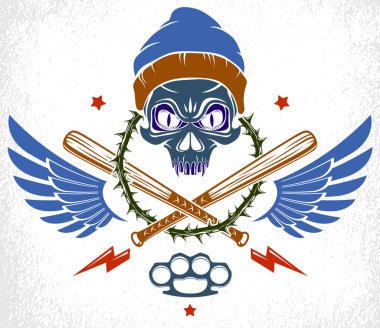 Saldırgan kafatası beyzbol sopaları ve diğer silah ve tasarım unsurları, vektör anarşi suçu veya terörizm retro tarzı, getto devrimci tarzı vahşi gangster amblemi veya logosu.