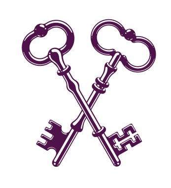 Çapraz anahtarlar, korumalı sır, elektronik veri koruması, cennetin anahtarları, otel etiketi, antika anahtar vektör logosu veya amblemi..