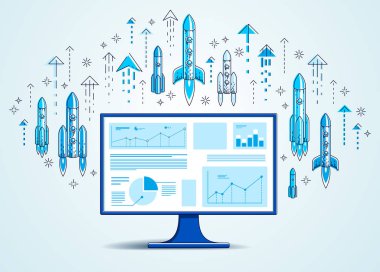 Başlangıç roketler bilgisayar monitörü çıkar, roket uçan başlangıç internet iş kavramı, online finans, Pazar veya mağaza, vektör çizim alanı.
