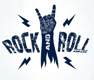 Yıldırımlı rock el işareti, sıcak müzik Rock and Roll jesti, Hard Rock festivali konseri veya kulübü, vektör etiketi amblemi veya logosu, müzik aletleri dükkanı veya kayıt stüdyosu.