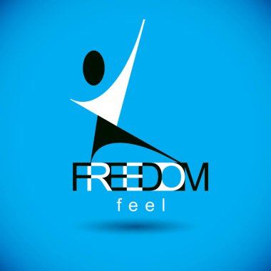 Yukarı uzanan heyecanlı soyut adamın vektör çizimi. Başarılı iş hayatı amblemi. Şirket geliştirme logosu. Özgürlük yaratıcı simgesi.