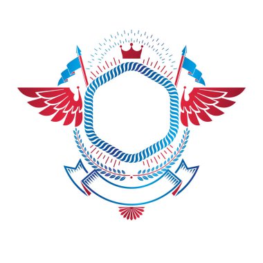 Grafik Imperial Crown, zarif şerit ve bayrakları ile yapılan amblemi kanatlı. Hanedan arması, vintage vektör logosu.