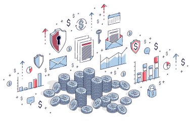 Nakit para sikke cent yığınlar beyaz arka plan üzerinde izole. 3D vektör iş ve finans izometrik çizim simgeler, istatistik grafikleri ve tasarım öğelerini ile.