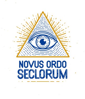 Kutsal geometri üçgeninde, duvarcılık ve illuminati sembolünde, vektör logosu veya amblem tasarım elementinde Tanrı 'nın gözü görülüyor..