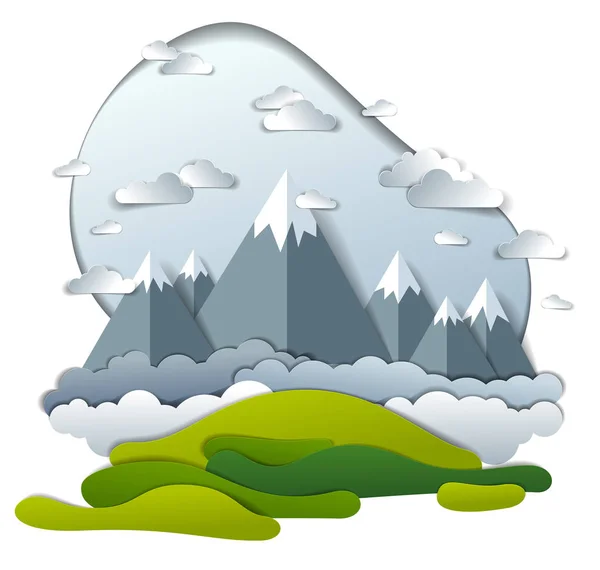 High mountain peaks range scenic landscape of summer with clouds in the sky, paper cut style childish illustration, holidays, travel and tourism theme.