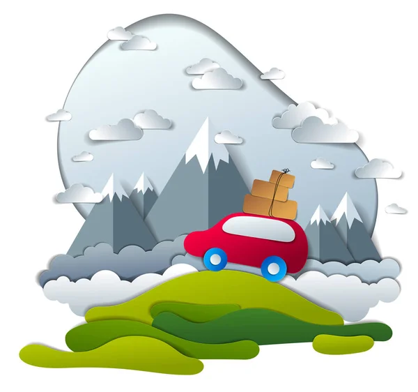 Czerwony Samochód Bagażem Malowniczym Krajobrazie Natury Pasmo Górskie Tle Chmury — Wektor stockowy