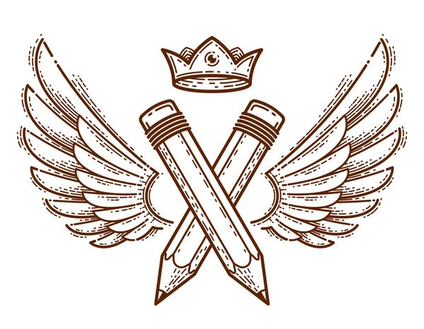 两支有翅膀和王冠的交叉铅笔 矢量式简洁时尚标志或设计师或工作室图标 创意国王 皇家设计 线性风格 — 图库矢量图片