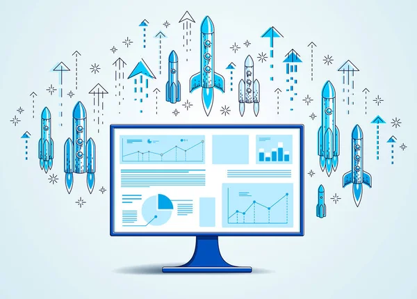 Foguetes Inicialização Decolam Sobre Monitor Computador Foguetes Espaciais Voando Conceito —  Vetores de Stock