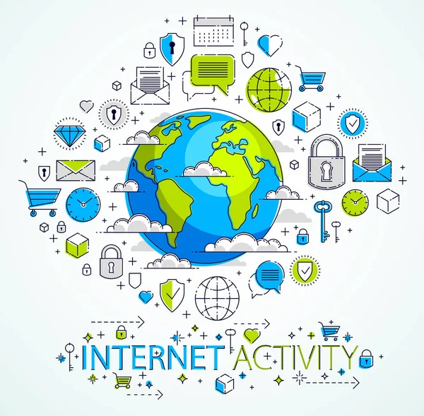 グローバル通信の概念 さまざまなアイコン セット 大きなデータ インターネット活動 グローバル ネットワーク接続 ベクトル要素と地球を別々 に使用できます — ストックベクタ