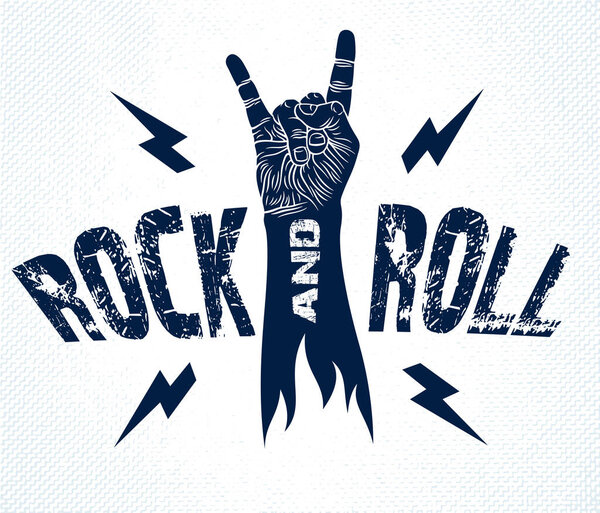 Рок-знак с молниями, жест рок-н-ролла, концерт или клуб фестиваля Hard Rock, эмблема или логотип векторного лейбла, магазин музыкальных инструментов или студия звукозаписи.