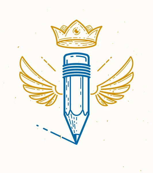 有翅膀和王冠的铅笔 矢量简单时髦的标志或设计师或工作室图标 创意国王 皇家设计 线性风格 — 图库矢量图片