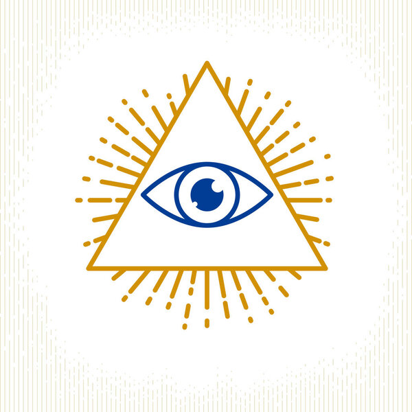 All seeing eye of god in sacred geometry triangle, masonry and illuminati symbol, vector logo or emblem design element.