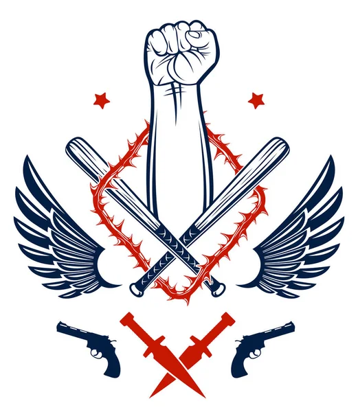 Anarşi ve kaos agresif amblem veya güçlü yumruk, silah ve farklı tasarım öğeleri ile logo vektör vintage tarzı dövme, asi rioter Partizan ve devrimci.