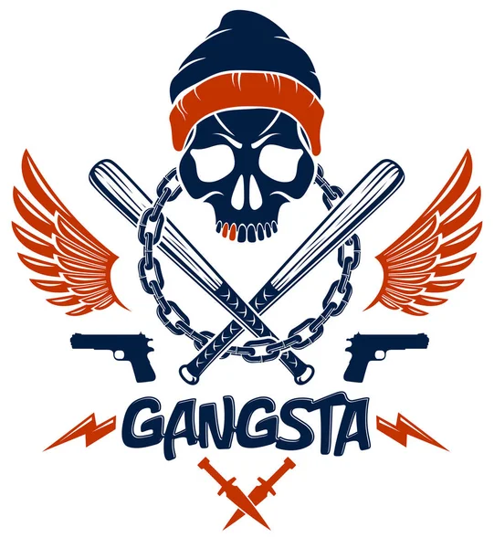 Logo Tatouage Emblème Gangster Avec Battes Baseball Crâne Agressif Autres — Image vectorielle