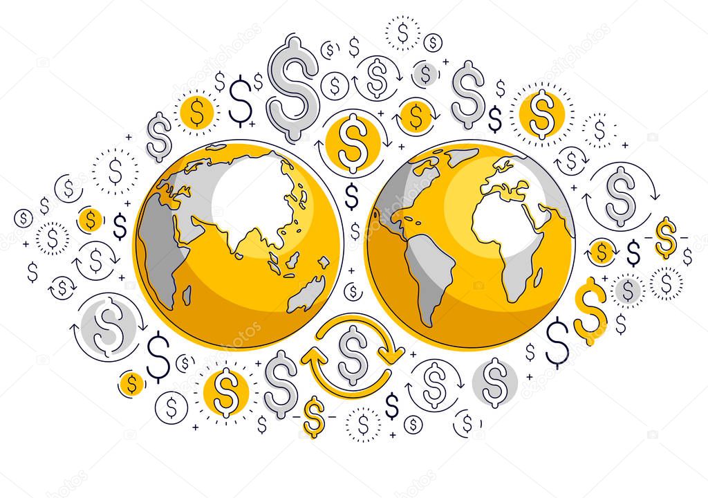Global economy concept, planet earth with dollar icons set, international business, currency exchange, internet global network connection, vector, elements can be used separately.