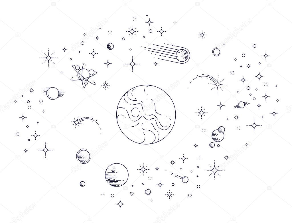 Fantastic undiscovered galaxy with unknown planets, science fiction, with stars, comets, asteroids and other elements. Explore universe, breathtaking space science. Thin line 3d vector illustration.