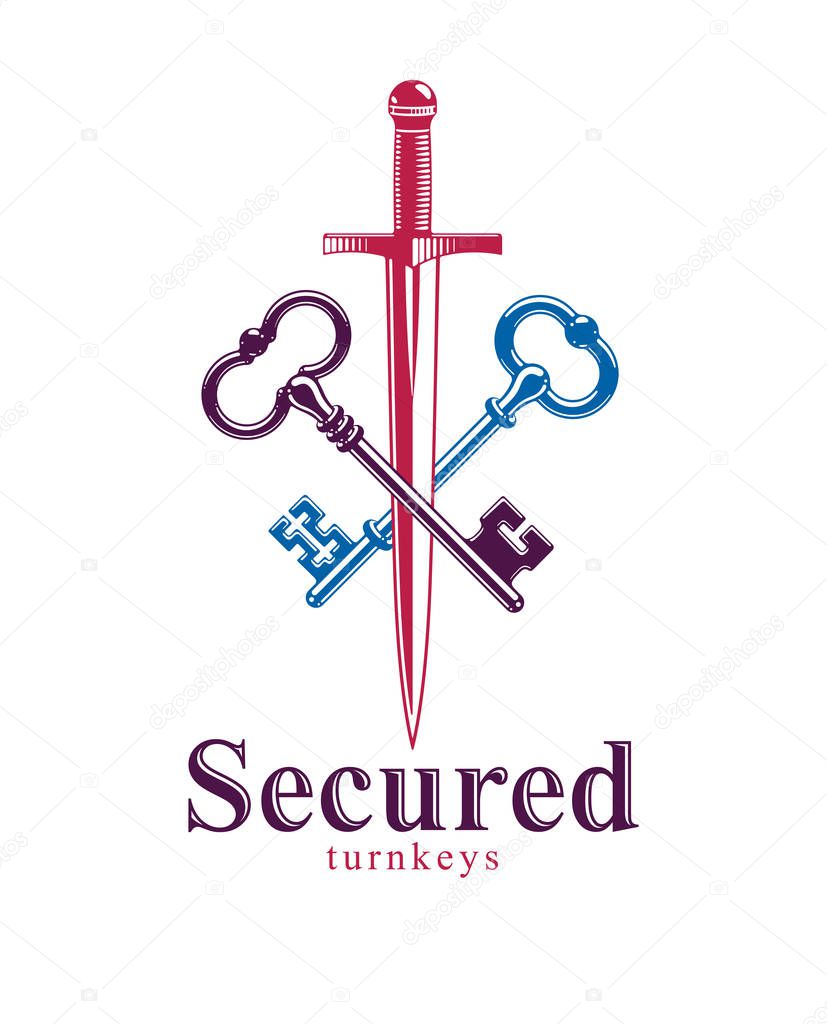 Crossed keys and dagger vector symbol emblem, turnkeys and sword, protected secrets, secured power, ancient vintage logo or emblem.