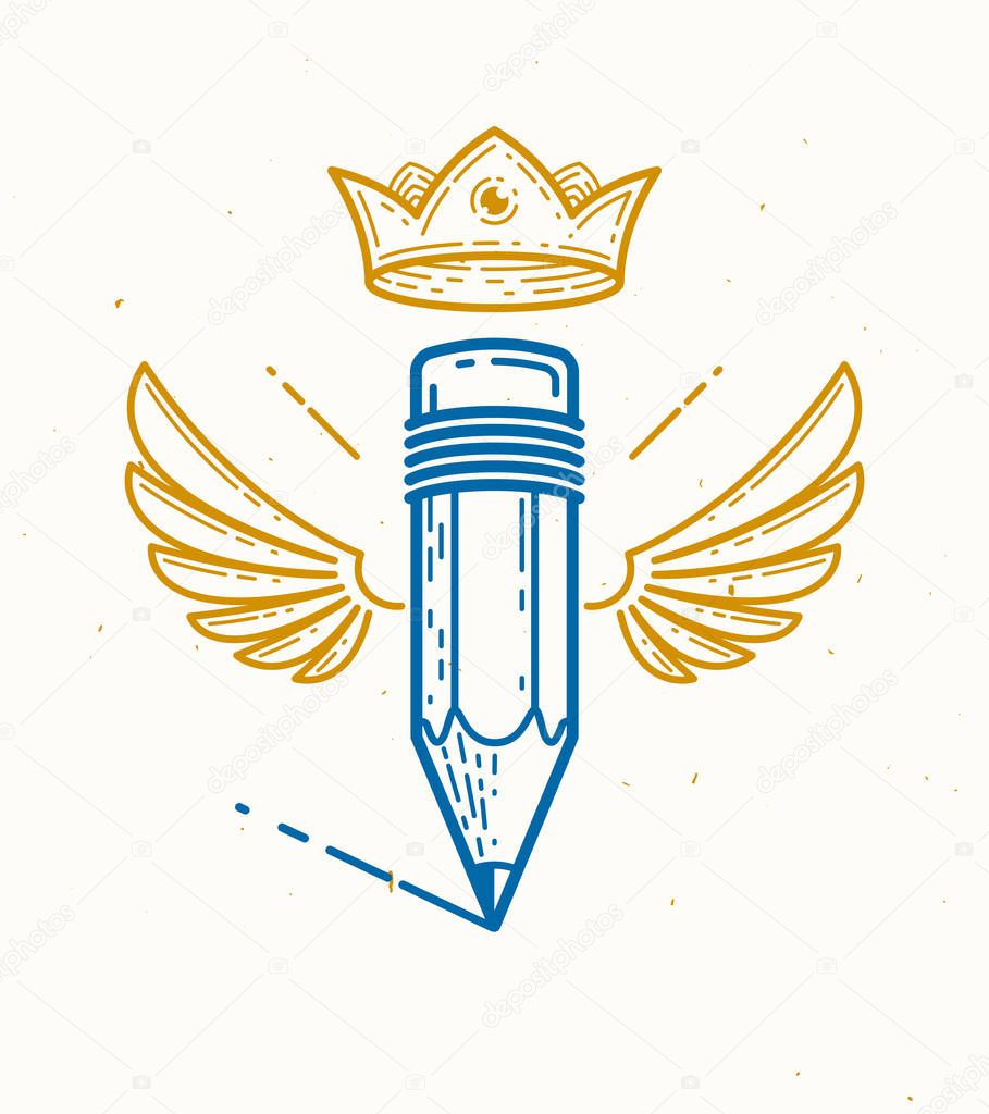Pencil with wings and crown, vector simple trendy logo or icon for designer or studio, creative king, royal design, linear style.