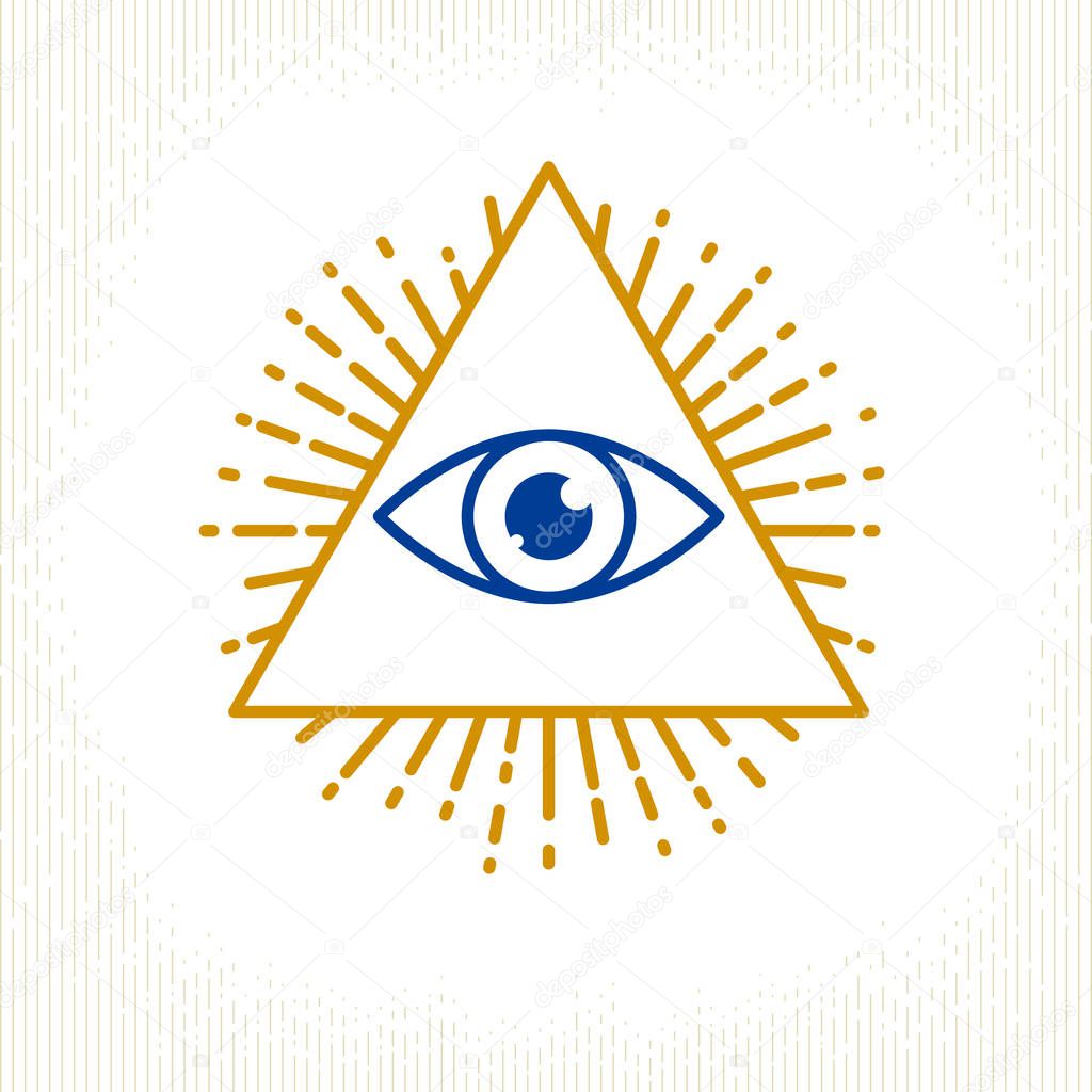 All seeing eye of god in sacred geometry triangle, masonry and illuminati symbol, vector logo or emblem design element.
