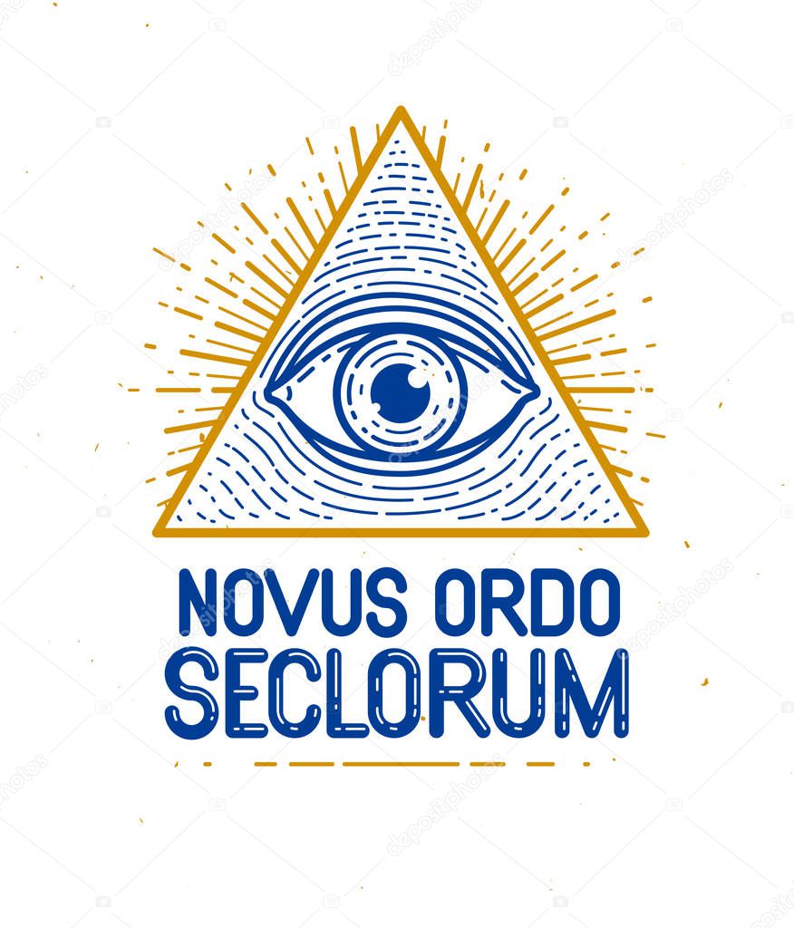 All seeing eye of god in sacred geometry triangle, masonry and illuminati symbol, vector logo or emblem design element.