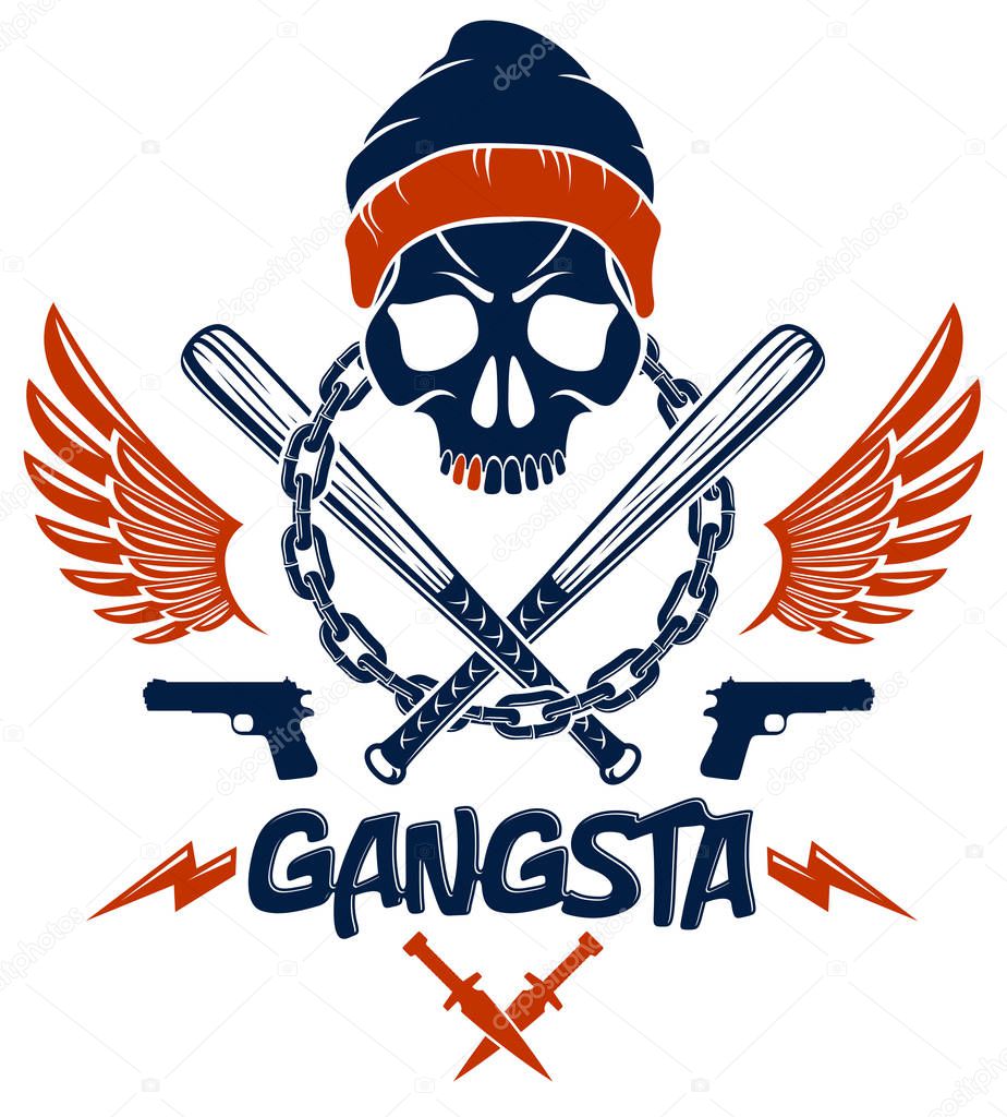 Gangster emblem logo or tattoo with aggressive skull baseball bats and other weapons and design elements, vector, criminal ghetto vintage style, gangster anarchy or mafia theme.