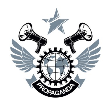 Reklam broşürleri hoparlörlerle ve Dünya küresiyle çevrili. Etrafı çarklarla çevrili. Proletarya devrimi soyut vektör çizimi. Küresel bilginin gücü.