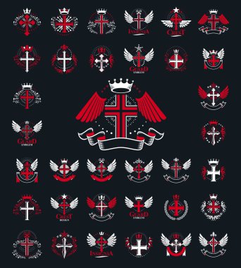 Vintage Christian vektör logolarını veya amblemlerini çaprazlar, Heraldik tasarım elementleri büyük set, klasik tarz habercilik din sembolleri, antika tasarımlar.