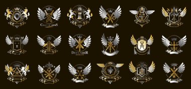 Heraldic Coat of Arms vektör seti, antika heraldik rozetler ve ödüller koleksiyonu, klasik tarz tasarım unsurları, aile veya iş logoları sembolleri.