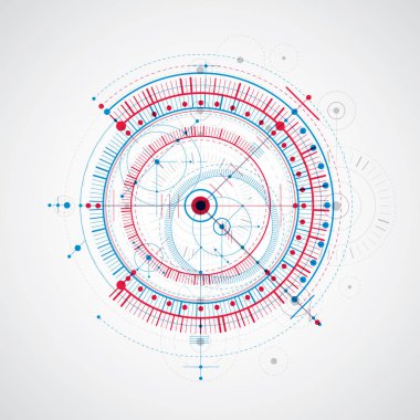 Teknik plan, taslak kullanılmak üzere grafik ve web tasarım mühendislik soyut. Kırmızı ve mavi vektör çizim endüstriyel sistemin mekanik parçalar ve daireler ile oluşturulan.
