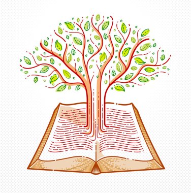 Açık klasik kitap eğitimi veya bilim bilgisi konsepti, eğitim veya bilimsel edebiyat kütüphanesi vektör logosu veya amblemi metinlerinden büyüyen ağaç. 