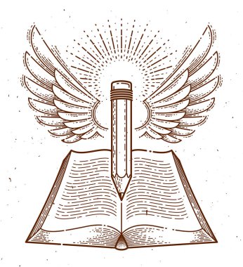 Klasik kitap ve kanatlı kalem eğitimi veya bilim bilgisi konsepti, eğitim veya bilimsel edebiyat kütüphanesi vektör logosu veya amblemi.