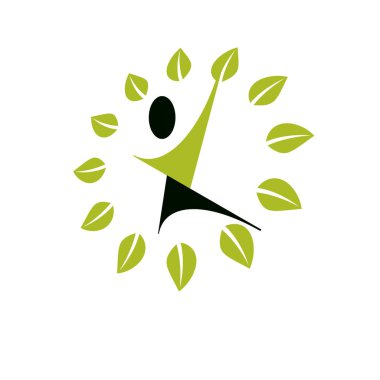 Yukarı uzanan heyecanlı soyut adamın vektör çizimi. Yeşil fikir yaratıcı logo. Vejetaryen temalı logoti. Gezgin şehveti ve kırsal tatil ikonu.