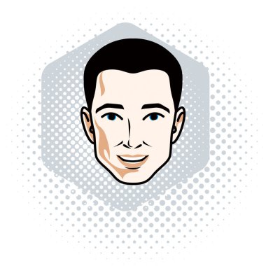 Vektör çizim yakışıklı brunet erkek yüzü, pozitif yüz özellikleri, clipart.